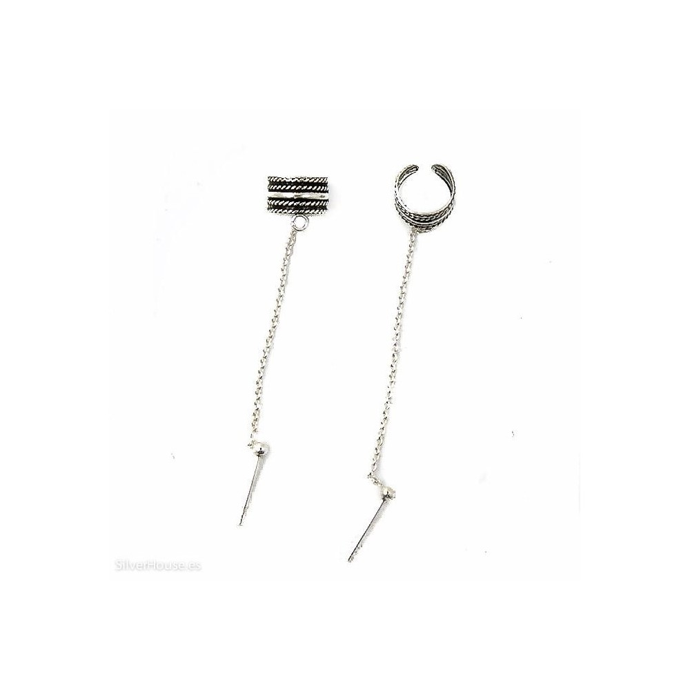 4600034 - Ear cuff o arete de plata para el hélix con cadena y bola de 2 mm, 2 unidades