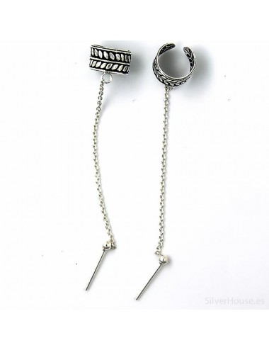 4600041 - Ear cuff o arete de plata para el hélix con cadena y bola de 3 mm, 2 unidades